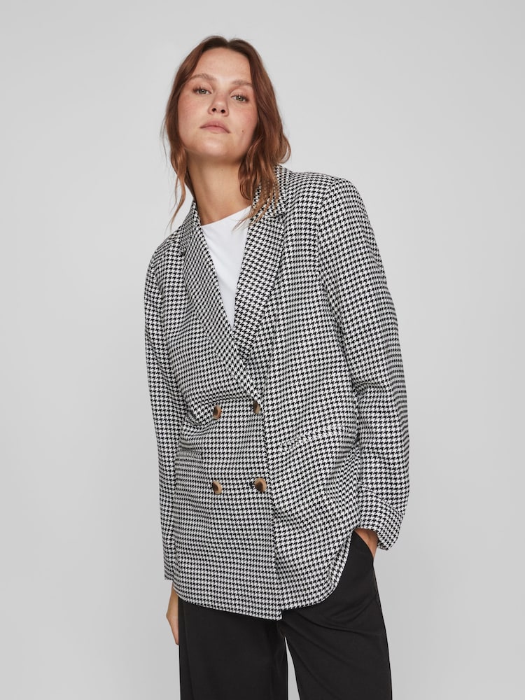 VILA Black & White Dogtooth Double Breasted Relaxed Fit Blazer - Image 1 of 6
