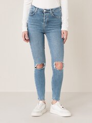 Mid Blue Busted Knee Authentic Stretch High Rise Skinny Jeans - Image 1 of 4