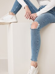 Mid Blue Busted Knee Authentic Stretch High Rise Skinny Jeans - Image 3 of 4