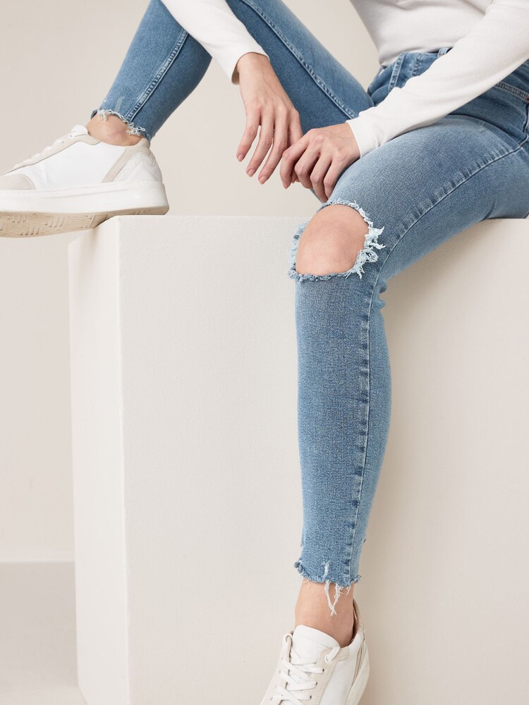 Mid Blue Busted Knee Authentic Stretch High Rise Skinny Jeans - Image 3 of 4
