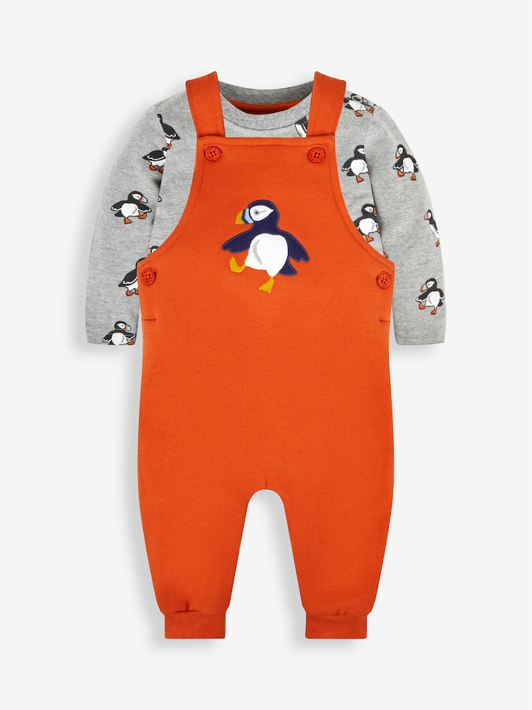 JoJo Maman Bébé Orange Puffin Boys' Sausage Dog Appliqué Pocket Dungarees & Top Set - Image 1 of 5