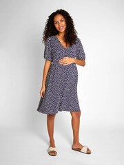 JoJo Maman Bébé Navy Blue Ditsy Ditsy Print V-Neck Maternity Dress - Image 1 of 5