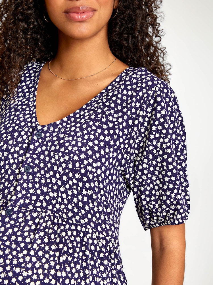 JoJo Maman Bébé Navy Blue Ditsy Ditsy Print V-Neck Maternity Dress - Image 5 of 5