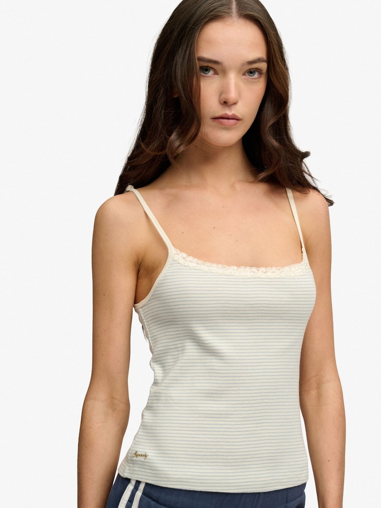 Superdry White Navy Stripe Lace Cami Top - Image 1 of 5 Superdry White Navy Stripe Lace Cami Top - Image 1 of 5