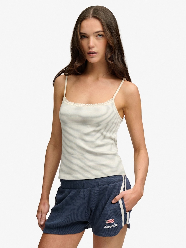 Superdry White Navy Stripe Lace Cami Top - Image 2 of 5 Superdry White Navy Stripe Lace Cami Top - Image 2 of 5