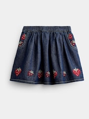 JoJo Maman Bébé Denim Blue Strawberry Cross Stitch Embroidered Denim Skirt - Image 2 of 5