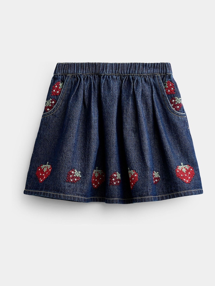 JoJo Maman Bébé Denim Blue Strawberry Cross Stitch Embroidered Denim Skirt - Image 2 of 5 JoJo Maman Bébé Denim Blue Strawberry Cross Stitch Embroidered Denim Skirt - Image 2 of 5