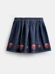 JoJo Maman Bébé Denim Blue Strawberry Cross Stitch Embroidered Denim Skirt - Image 3 of 5