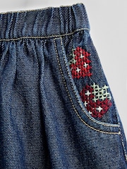 JoJo Maman Bébé Denim Blue Strawberry Cross Stitch Embroidered Denim Skirt - Image 4 of 5
