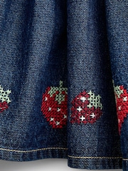 JoJo Maman Bébé Denim Blue Strawberry Cross Stitch Embroidered Denim Skirt - Image 5 of 5