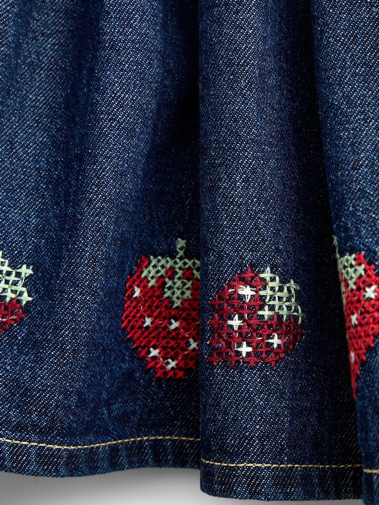 JoJo Maman Bébé Denim Blue Strawberry Cross Stitch Embroidered Denim Skirt - Image 5 of 5 JoJo Maman Bébé Denim Blue Strawberry Cross Stitch Embroidered Denim Skirt - Image 5 of 5