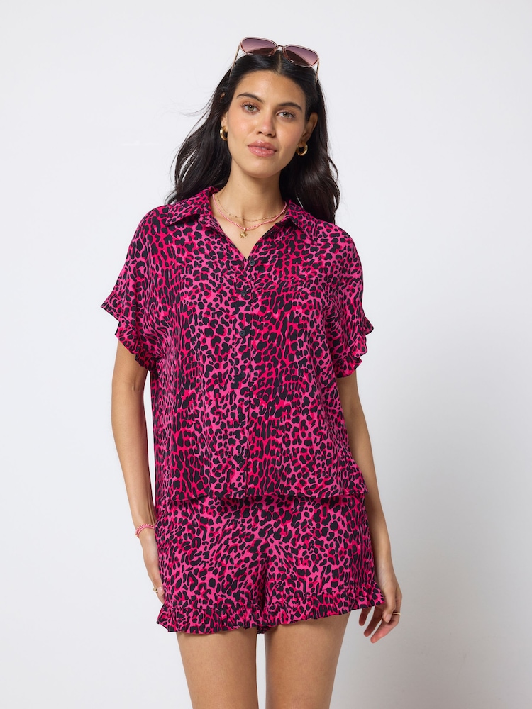 SCAMP & DUDE Pink Wild Leopard Frill Sleeve Shirt - Image 2 of 4 SCAMP & DUDE Pink Wild Leopard Frill Sleeve Shirt - Image 2 of 4