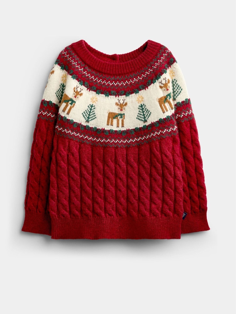JoJo Maman Bébé Dark Red Reindeer Fairisle Christmas Jumper - Image 1 of 4 JoJo Maman Bébé Dark Red Reindeer Fairisle Christmas Jumper - Image 1 of 4