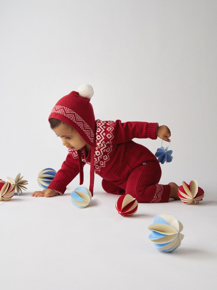 JoJo Maman Bébé Red Fairisle Fair Isle Knitted Romper - Image 1 of 8 JoJo Maman Bébé Red Fairisle Fair Isle Knitted Romper - Image 1 of 8