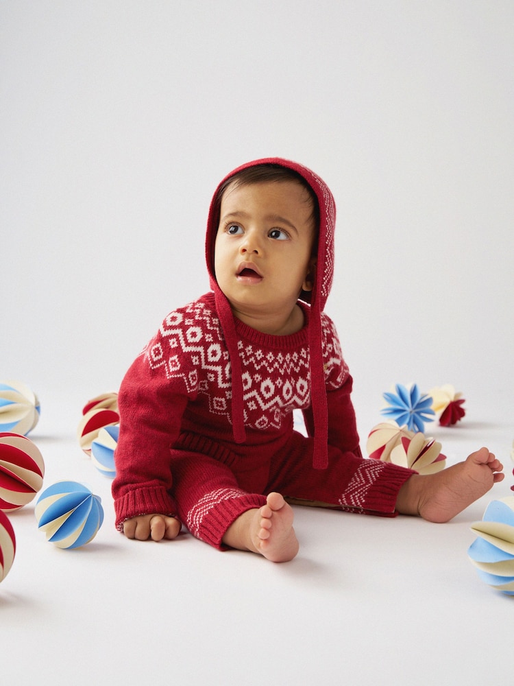 JoJo Maman Bébé Red Fairisle Fair Isle Knitted Romper - Image 2 of 8 JoJo Maman Bébé Red Fairisle Fair Isle Knitted Romper - Image 2 of 8