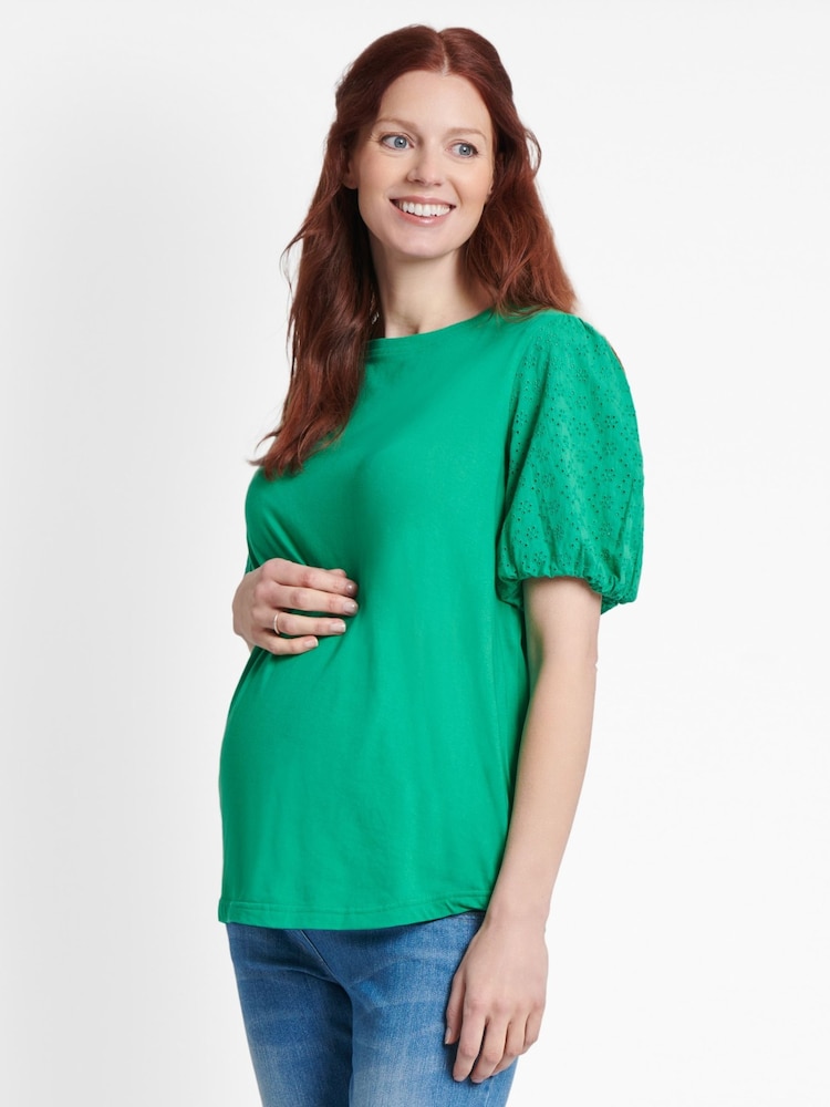 JoJo Maman Bébé Green Broderie Sleeve Maternity T-Shirt - Image 4 of 4