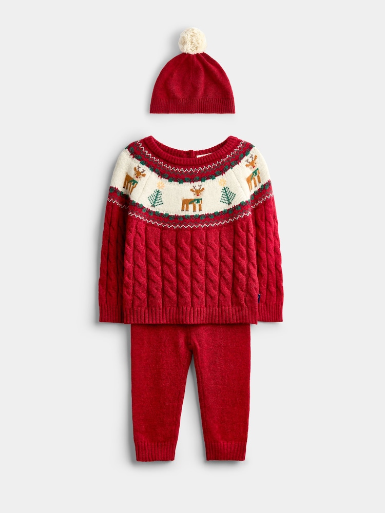 JoJo Maman Bébé Red Christmas Reindeer & Tree Fairisle Knitted Set - Image 1 of 8 JoJo Maman Bébé Red Christmas Reindeer & Tree Fairisle Knitted Set - Image 1 of 8
