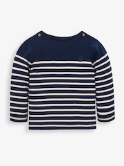 JoJo Maman Bébé Navy Blue Ecru Cream Stripe Long Sleeved Breton Top - Image 1 of 4
