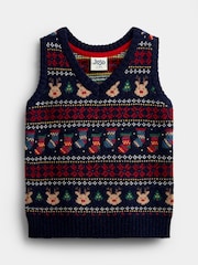 JoJo Maman Bébé Navy Blue Christmas Character Fairisle Tank Top - Image 1 of 4