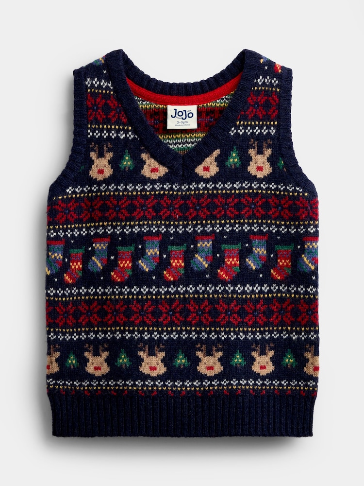JoJo Maman Bébé Navy Blue Christmas Character Fairisle Tank Top - Image 1 of 4 JoJo Maman Bébé Navy Blue Christmas Character Fairisle Tank Top - Image 1 of 4