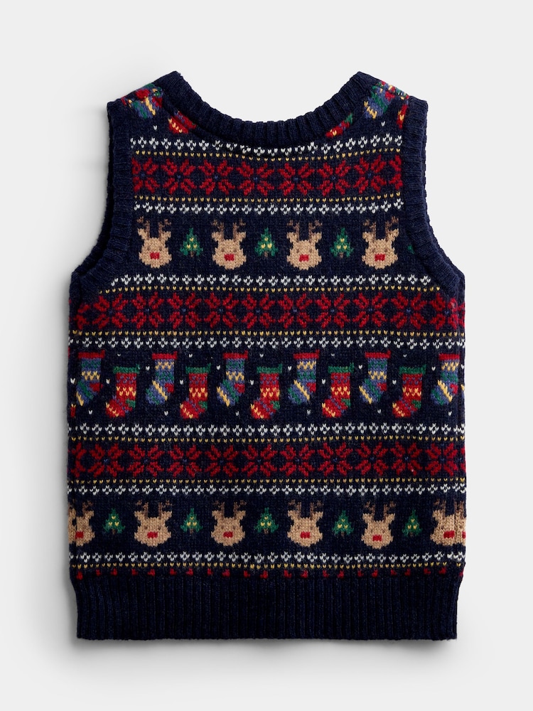 JoJo Maman Bébé Navy Blue Christmas Character Fairisle Tank Top - Image 2 of 4 JoJo Maman Bébé Navy Blue Christmas Character Fairisle Tank Top - Image 2 of 4