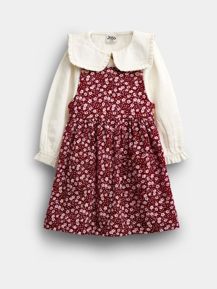 JoJo Maman Bébé Plum Floral Cord Pinafore Dress & Top Set - Image 1 of 7 JoJo Maman Bébé Plum Floral Cord Pinafore Dress & Top Set - Image 1 of 7