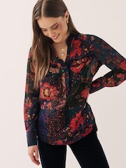 Violett geblümt mit Patchworkmuster - Langärmelige Rüschenbluse - Bild 1 von 6