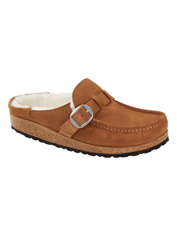 Birkenstock Tan Brown Shearling Suede Buckley Slippers - Image 2 of 5 Birkenstock Tan Brown Shearling Suede Buckley Slippers - Image 2 of 5