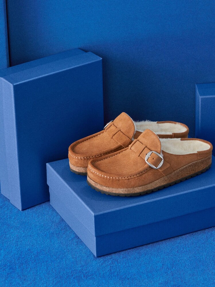 Birkenstock Tan Brown Shearling Suede Buckley Slippers - Image 5 of 5