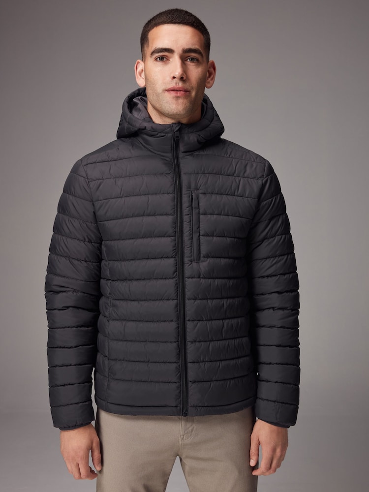 Charcoal Grey Shower Resistant Lightweight Hooded Puffer Coat Jacket - Image 3 of 13