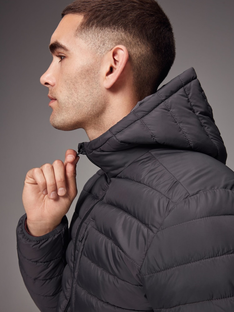 Charcoal Grey Shower Resistant Lightweight Hooded Puffer Coat Jacket - Image 6 of 13