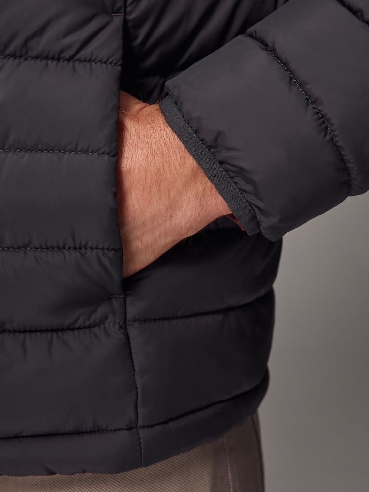 Charcoal Grey Shower Resistant Lightweight Hooded Puffer Coat Jacket - Image 7 of 13