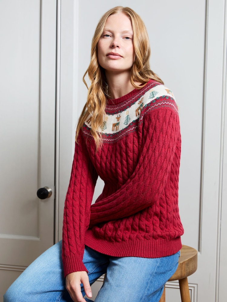 JoJo Maman Bébé Red Reindeer Women's Long Sleeve Christmas Fairisle Jumper - Image 1 of 4 JoJo Maman Bébé Red Reindeer Women's Long Sleeve Christmas Fairisle Jumper - Image 1 of 4