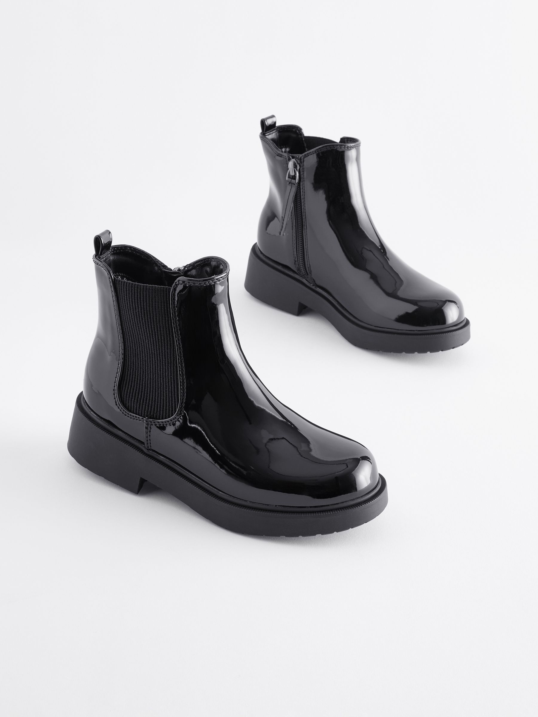 Black Patent Wide Fit G Chunky Chelsea Ankle Boots
