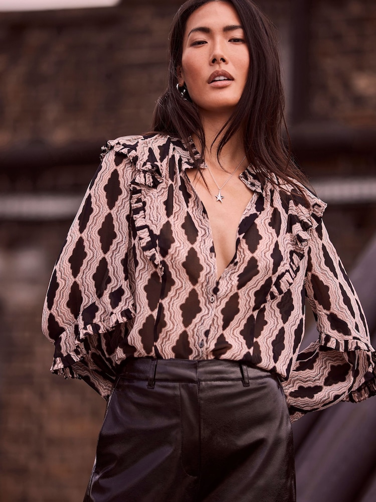 Mint Velvet Black Print Ruffle Blouse - Image 2 of 4