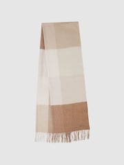 Reiss Camel Leyton Wool Blend Check Embroidered Scarf - Image 1 of 5