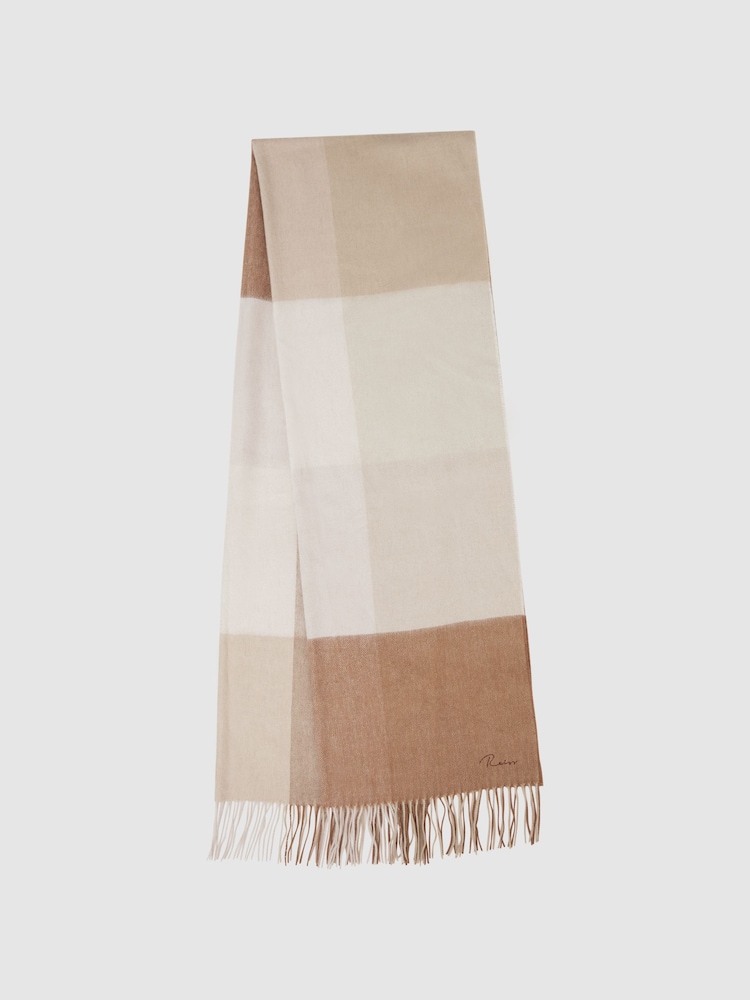 Reiss Camel Leyton Wool Blend Check Embroidered Scarf - Image 1 of 5