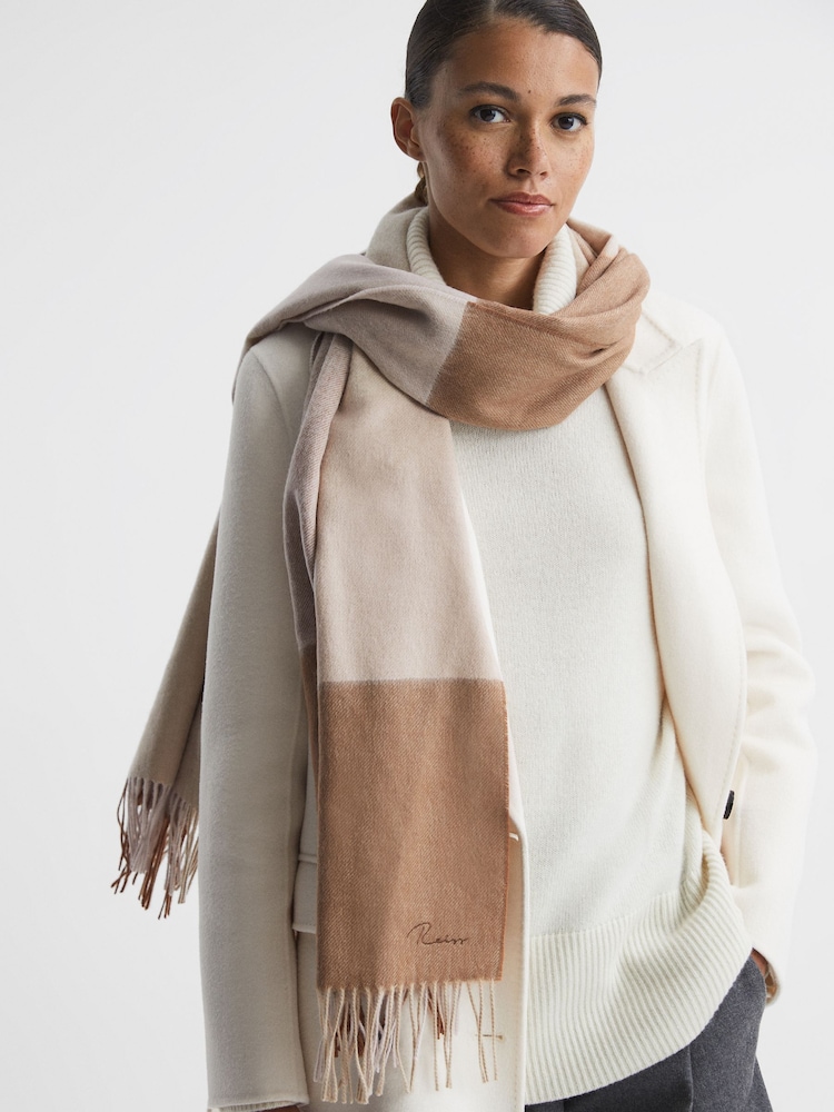 Reiss Camel Leyton Wool Blend Check Embroidered Scarf - Image 2 of 5