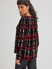 Black/Red Check Long Sleeve Keyhole Blouse - Image 1 of 6