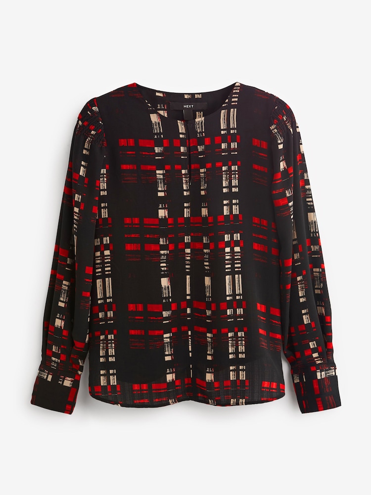 Black/Red Check Long Sleeve Keyhole Blouse - Image 2 of 6