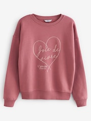 Rose Pink Satin Heart Stitch Graphic Slogan Sweatshirt - Image 4 of 6