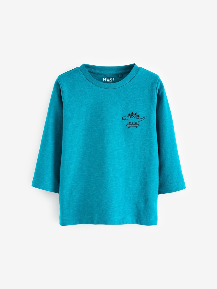 Turquoise Blue Dino Long Sleeves Semi Plain T-Shirt (3mths-7yrs) - Image 1 of 3