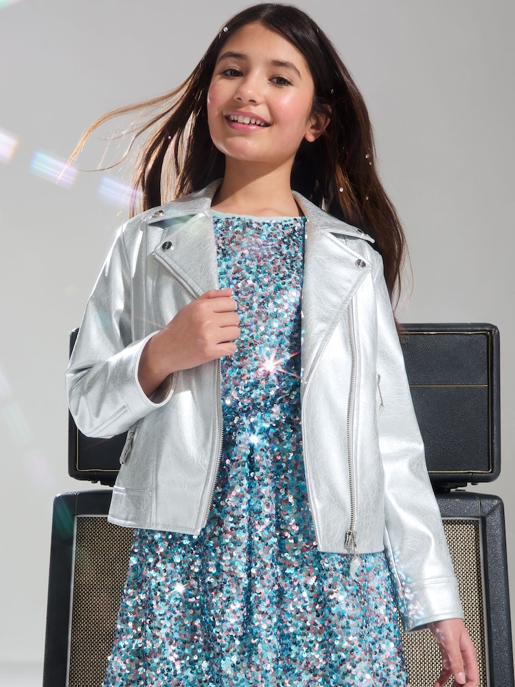 Lipsy Silver Metallic Faux Leather Biker Jacket - Image 1 of 4 Lipsy Silver Metallic Faux Leather Biker Jacket - Image 1 of 4