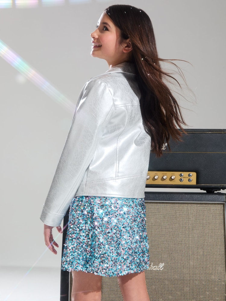 Lipsy Silver Metallic Faux Leather Biker Jacket - Image 4 of 4