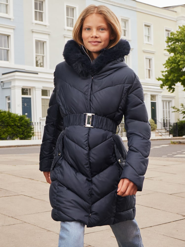 Lipsy Navy Blue Shower Resistant Longline Belted Padded Coat (5-16yrs) - Image 1 of 4