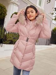 Lipsy Pink Shower Resistant Longline Belted Padded Coat (5-16yrs) - Image 1 of 4