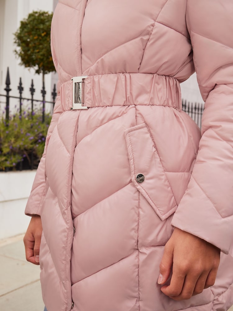 Lipsy Pink Shower Resistant Longline Belted Padded Coat (5-16yrs) - Image 2 of 4