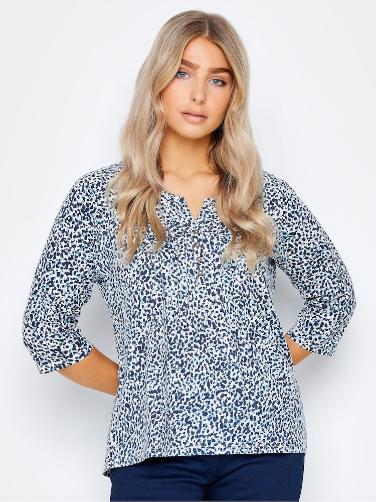 M&Co Blue Petite 3/4 Length Sleeve Henley Top - Image 1 of 4 M&Co Blue Petite 3/4 Length Sleeve Henley Top - Image 1 of 4