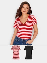 Long Tall Sally Red & Black 100% Cotton Stripe Short Sleeve T-Shirts 2 Pack - Image 1 of 5