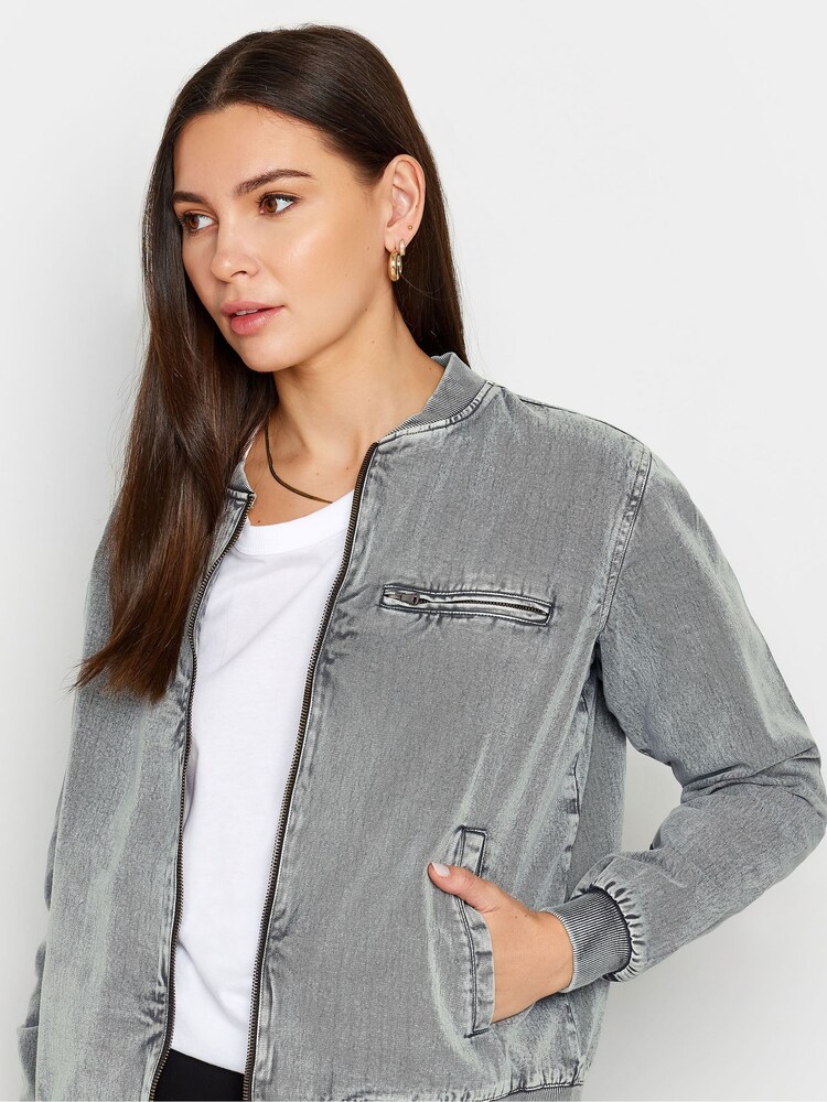 Long Tall Sally Grey 100% Cotton Acid Wash Bomber Jacket - Image 4 of 4